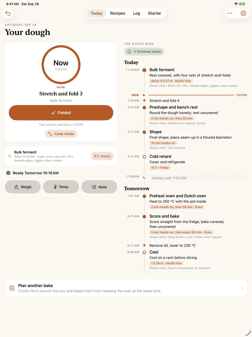 Crusty on iPad: the countdown to stretch and fold 3 beside the whole bake’s timeline