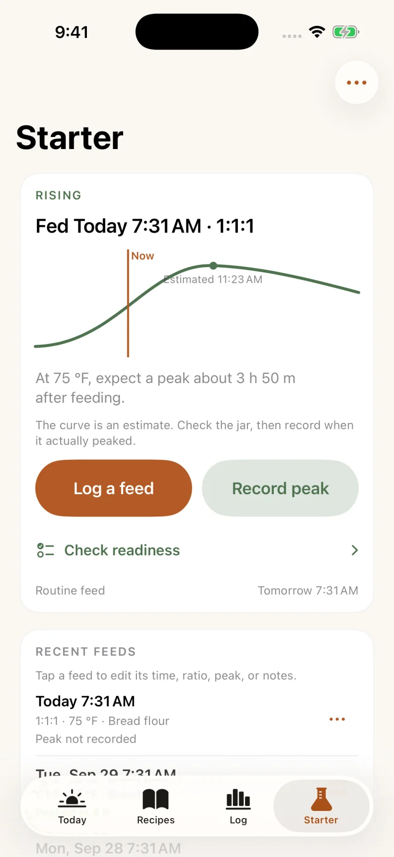 Starter screen: a rising feed with an estimated peak, Log a feed and Record peak buttons, Check readiness, and recent feeds