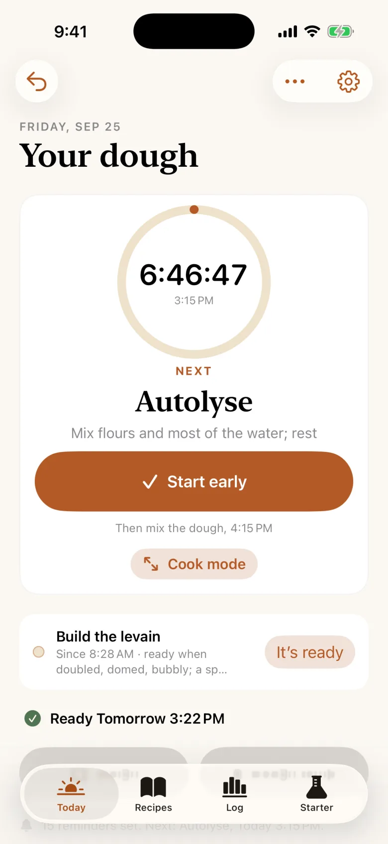 Crusty’s Today screen: a countdown to the autolyse, the levain building, and the loaf ready tomorrow at 3:22 PM