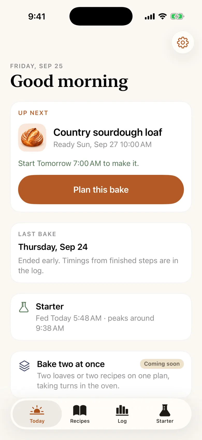 Today screen before a bake: up next, the last bake, and the starter