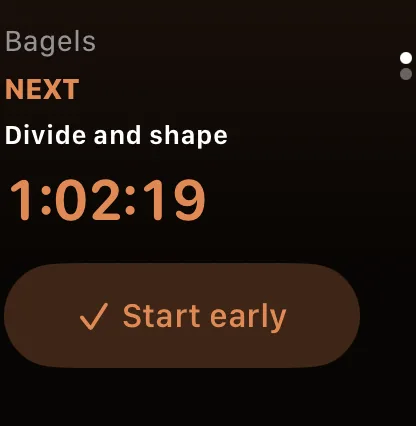 Crusty on Apple Watch: next, divide and shape, in 1:02:19, with a Start early button