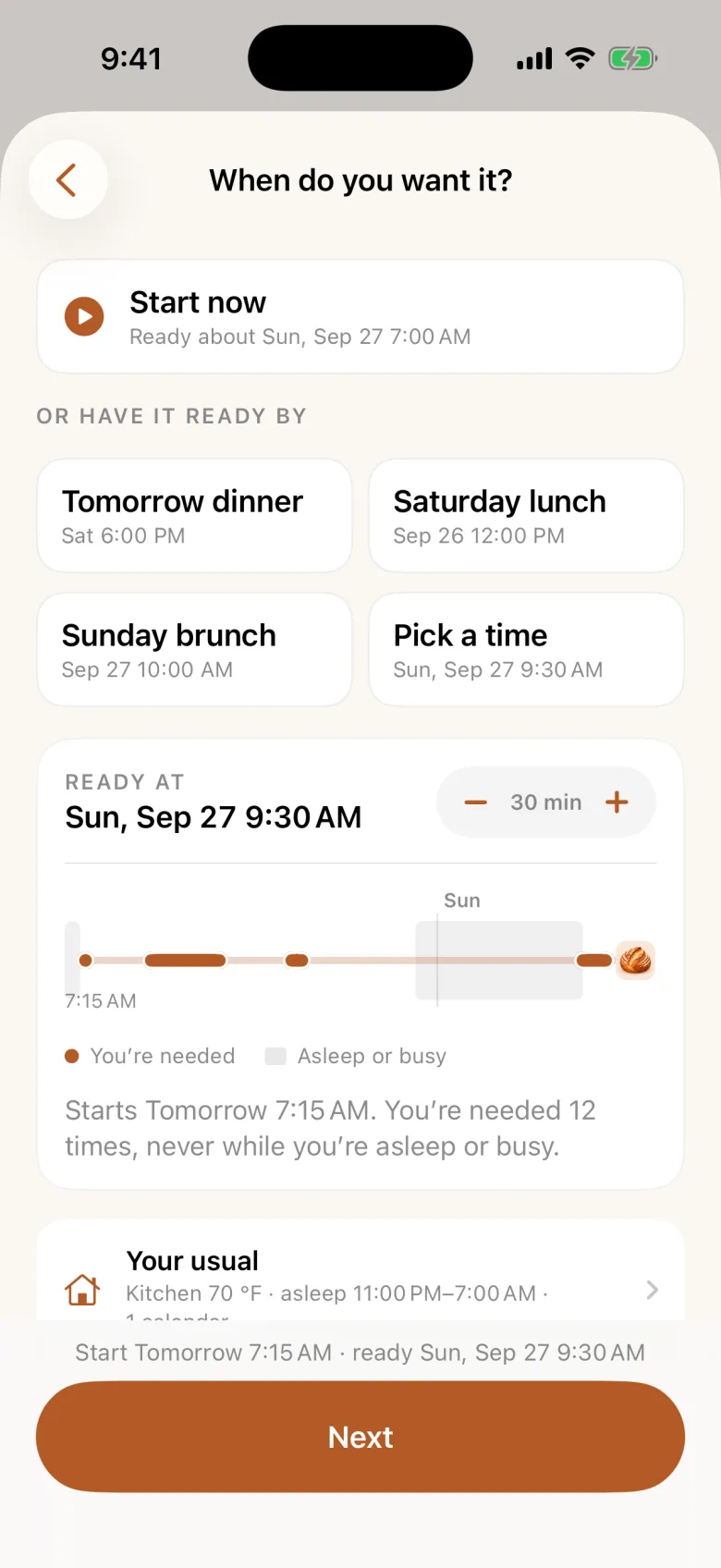 Choosing when the bread should be ready, with a timeline preview